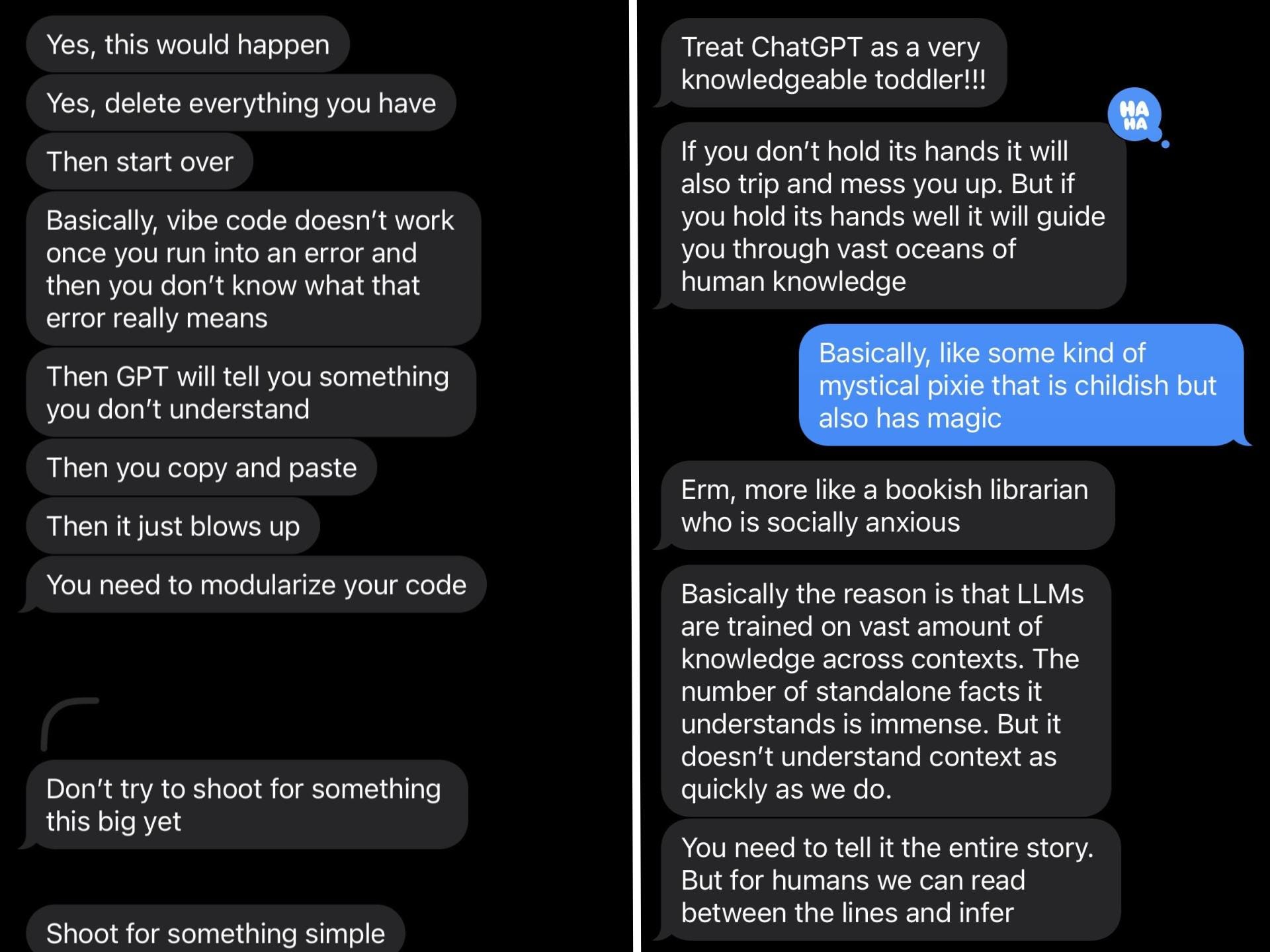 Text messages from the author's partner.