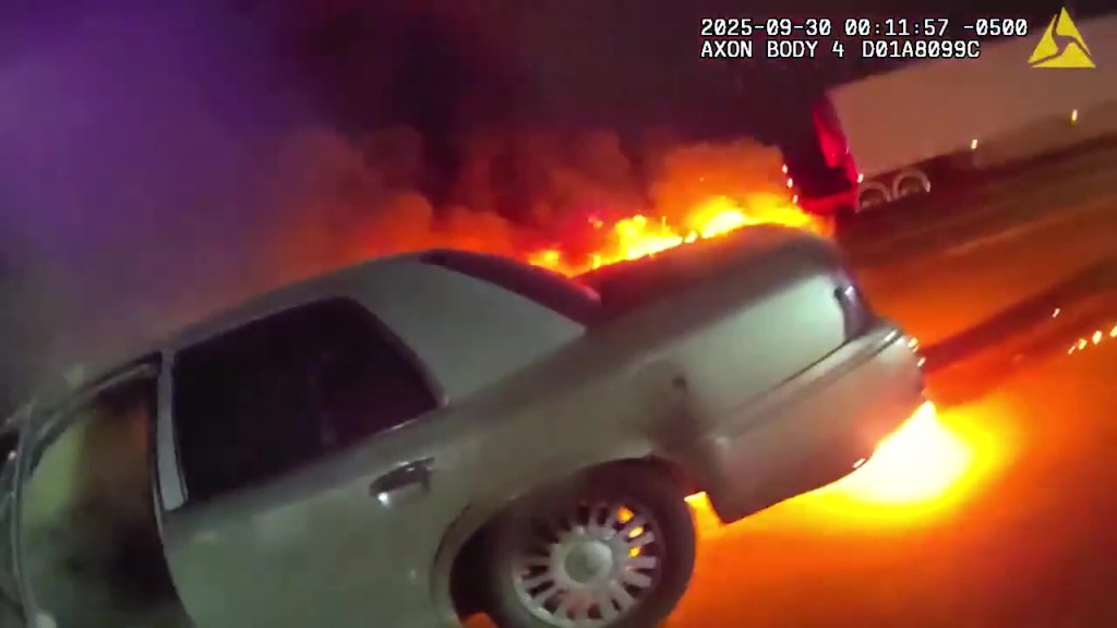The car was completely enguled in flames in a matter of seconds.