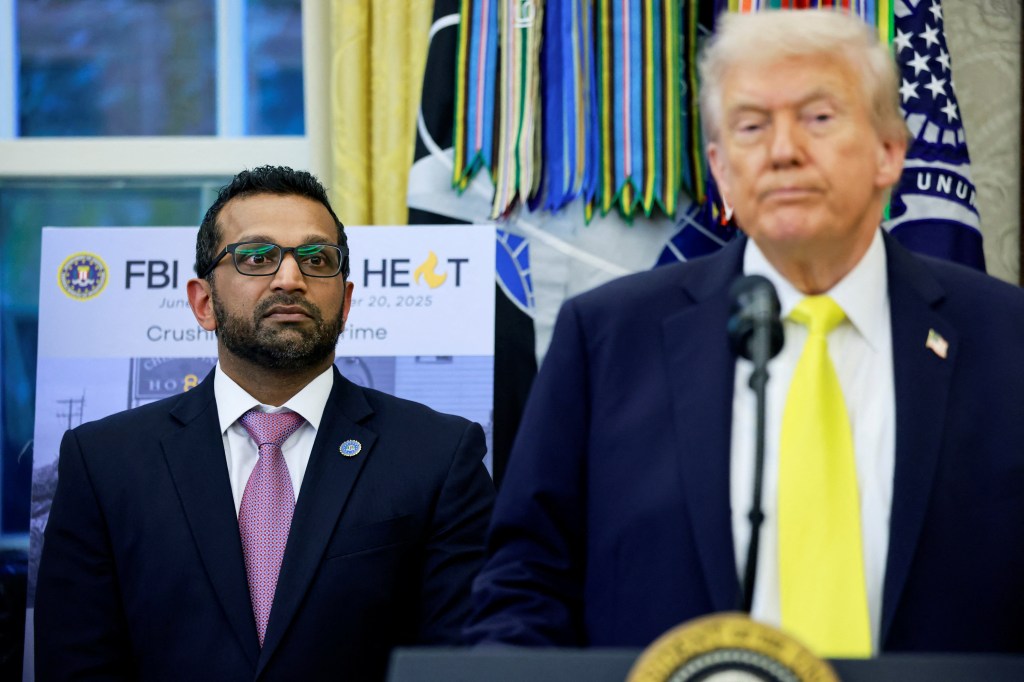 President Donald Trump and FBI Director Kash Patel in the Oval Office of the White House on Oct. 15, 2025.
