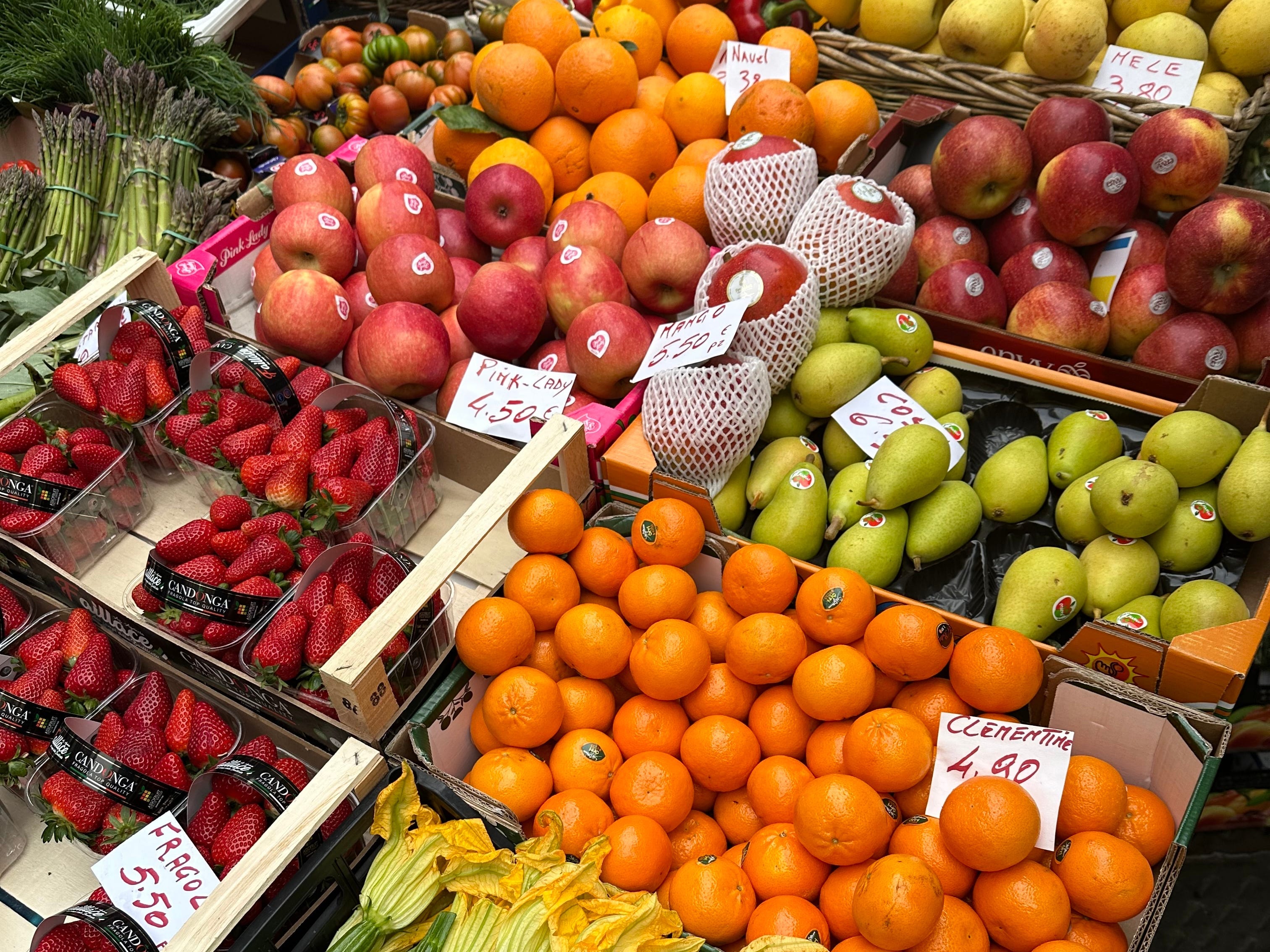 A display of fresh produce at a market in Florence, Italy.