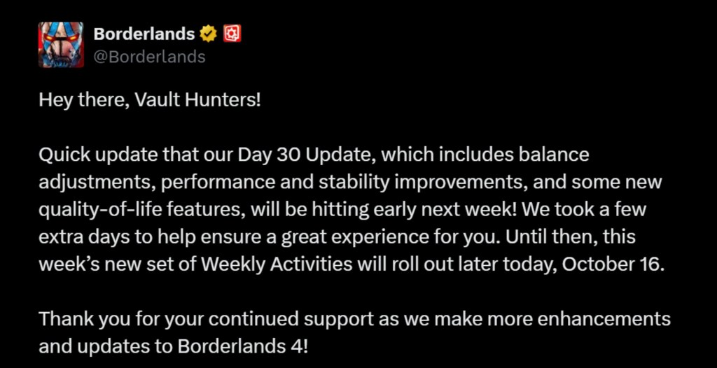 Borderlands 4 Day 30 Update Delayed