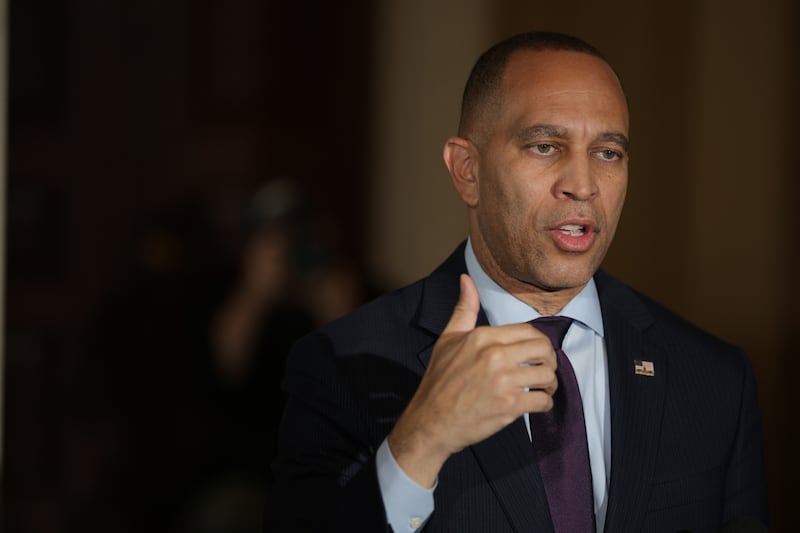 U.S. House Minority Leader Rep. Hakeem Jeffries (D-NY) briefs members of the press during a news conference