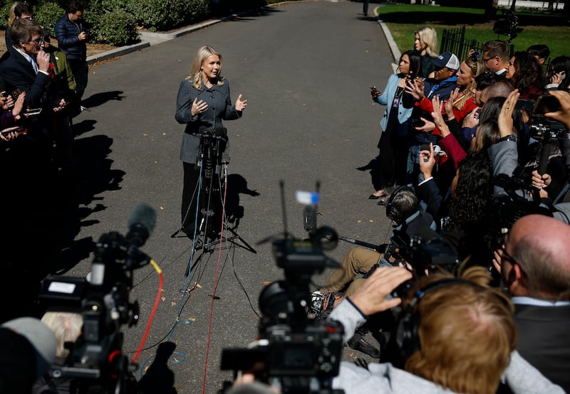 White House Press Secretary Karoline Leavitt speaks to reporters outside of the White House
