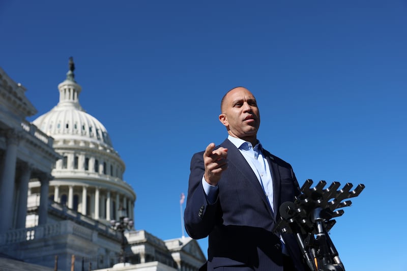 U.S. Minority Leader Hakeem Jeffries (D-NY) speaks to reporters outside of the U.S. Capitol