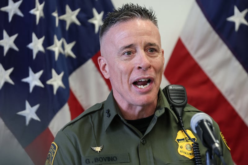 Gregory Bovino, Chief Patrol Agent at the El Centro Sector of US Customs and Border Patrol, speaks during a news conference with Department of Homeland Security Secretary Kristi Noem (out of frame) at the Wilshire Federal Building in Los Angeles on June 12, 2025. US President Donald Trump said Thursday that Los Angeles was "safe and sound" for the past two nights, crediting his deployment of thousands of troops to quell anti-deportation protests, as California prepared for a legal showdown over his unprecedented move. With protests spreading across the United States, a night-time curfew has been in place in its second-largest city with authorities tackling vandalism and looting that scarred a few city blocks. (Photo by Patrick T. Fallon / AFP) (Photo by PATRICK T. FALLON/AFP via Getty Images)