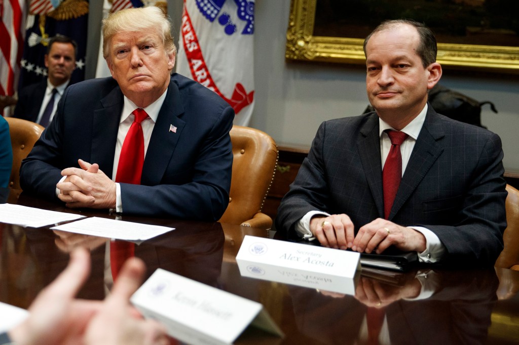 President Donald Trump and Labor Secretary Alexander Acosta at a meeting in the Roosevelt Room of the White House.