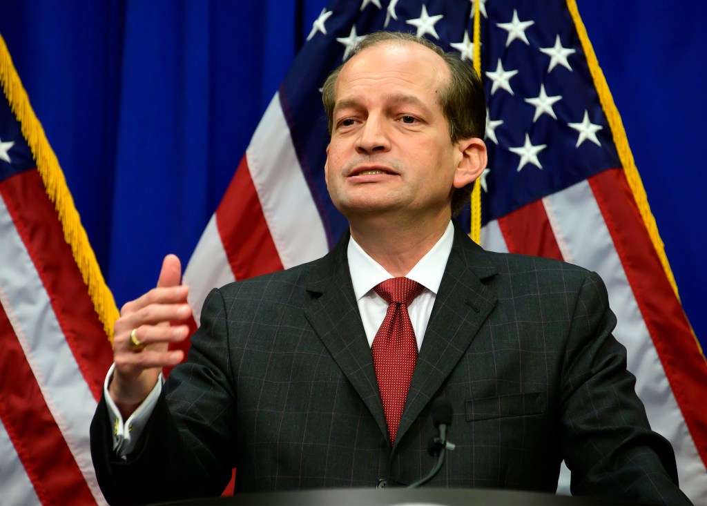 United States Secretary of Labor Alex Acosta speaks at a press conference.