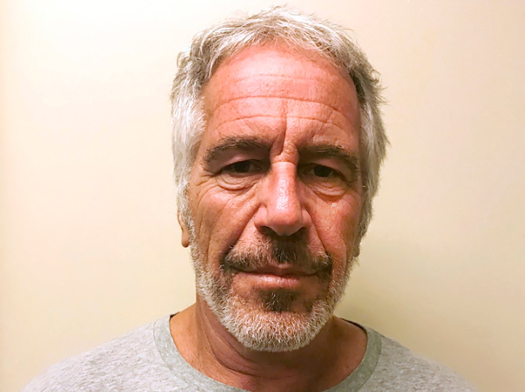 Mugshot of Jeffrey Epstein with gray hair and beard.