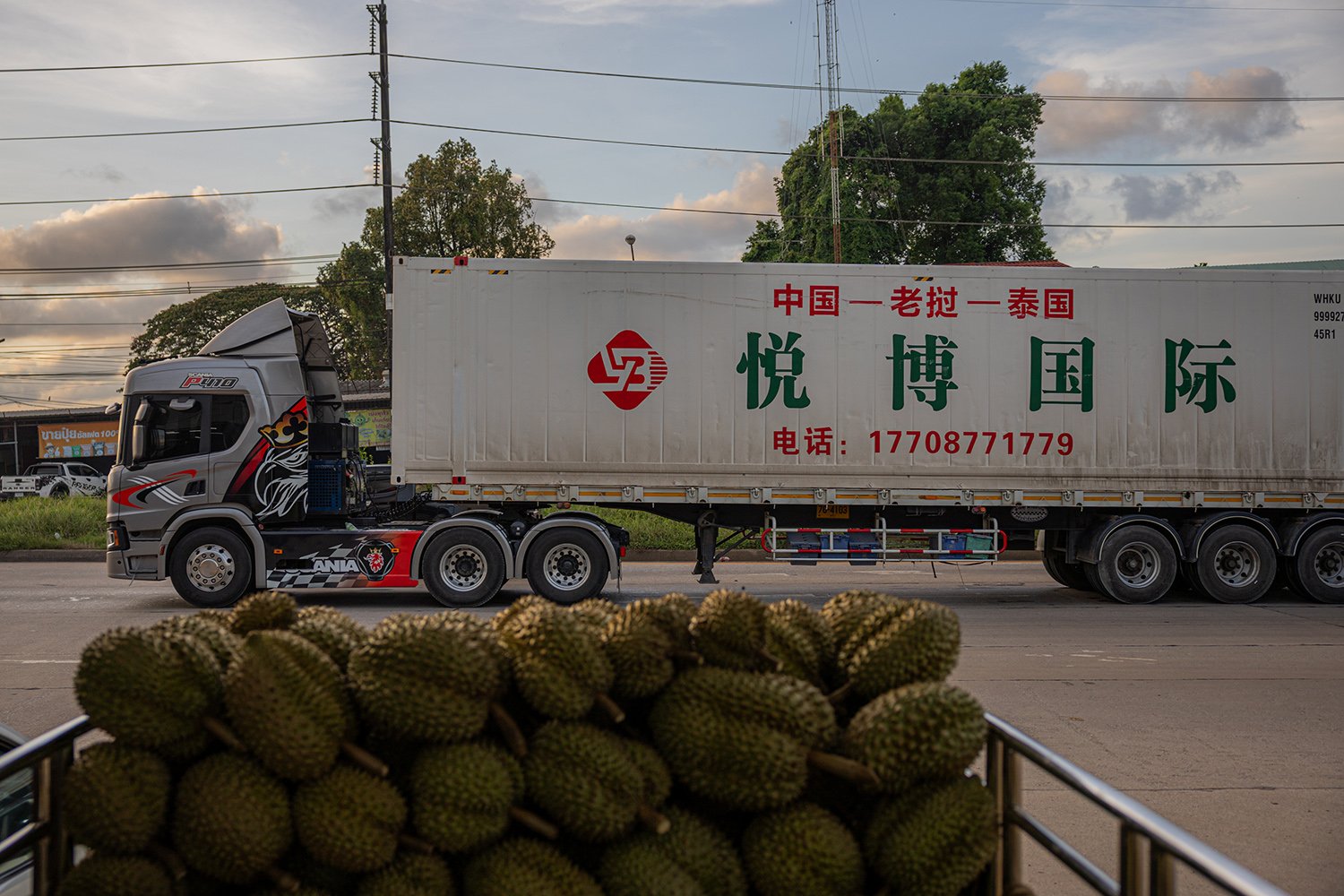 A cargo truck with Chinese lettering drives past on a road. In the foreground is a pickup bed full of durian.