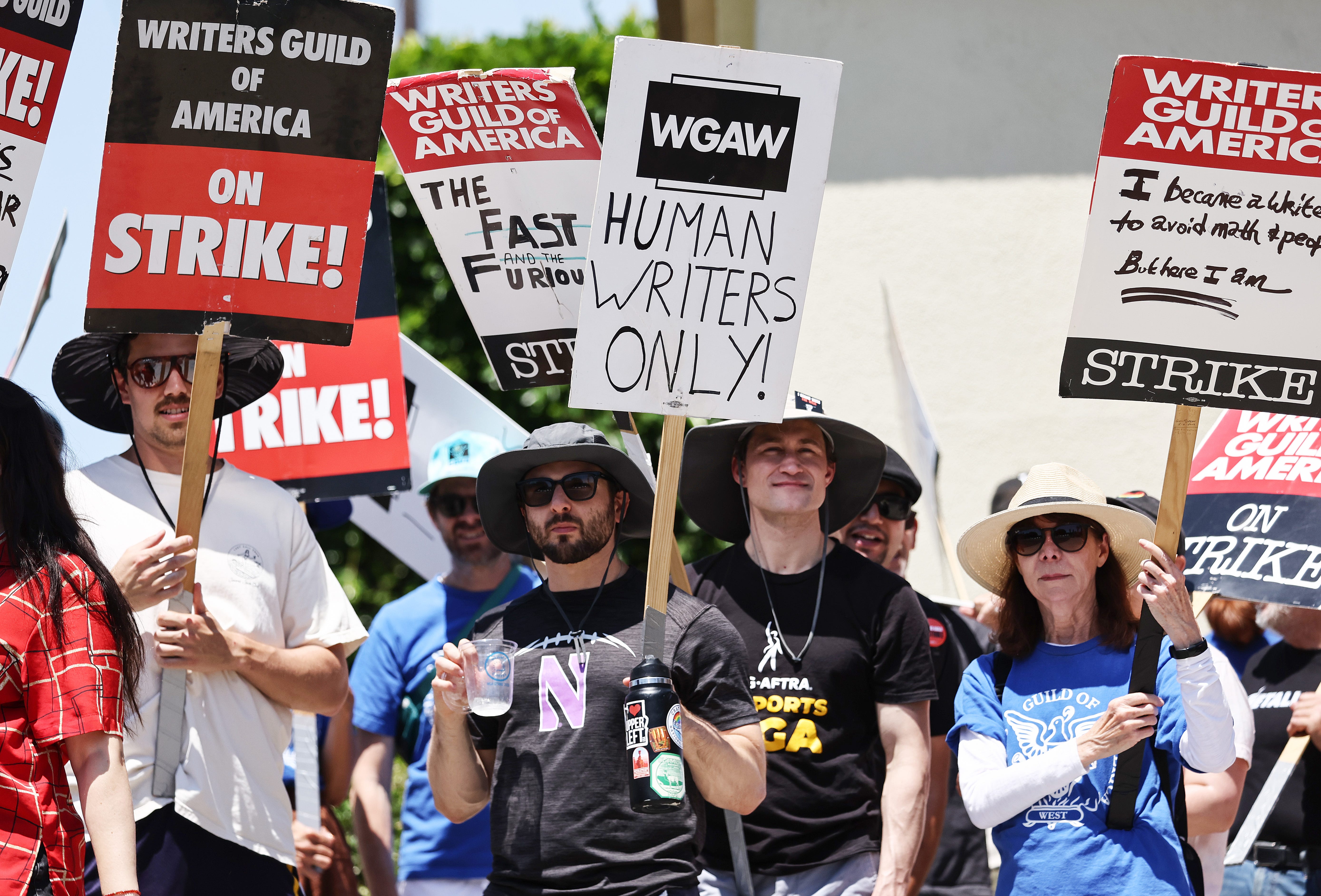 Members of the Writers Guild of America protesting in July 2023.