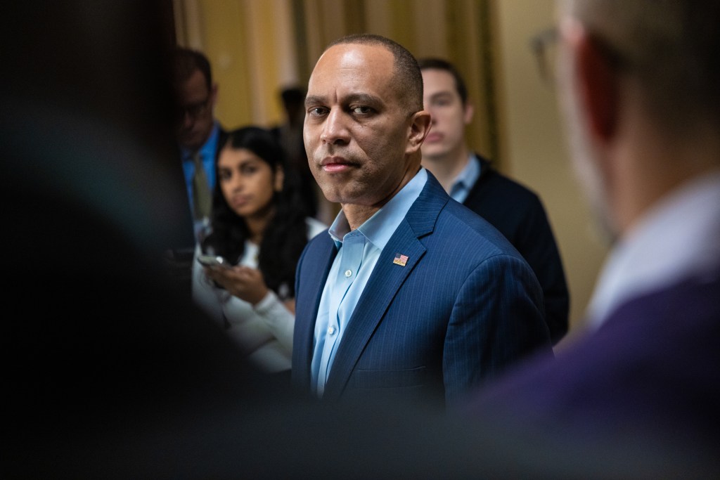 House Minority Leader Hakeem Jeffries speaks to the press during a government shutdown.