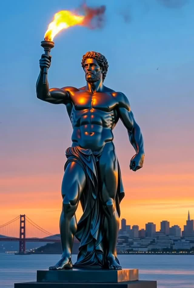 The plan envisions a nickel-bronze monument rising high enough for the figure’s head to nearly eclipse the Golden Gate Bridge.