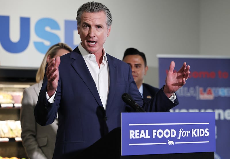 California Governor Gavin Newsom speaks at Belvedere Middle School on October 8, 2025 in Los Angeles, California.