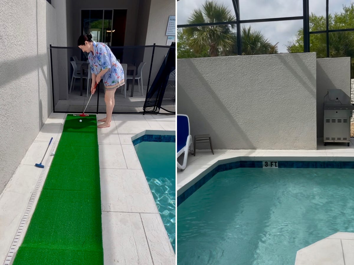 Author Simone Paget hitting golf club next to pool