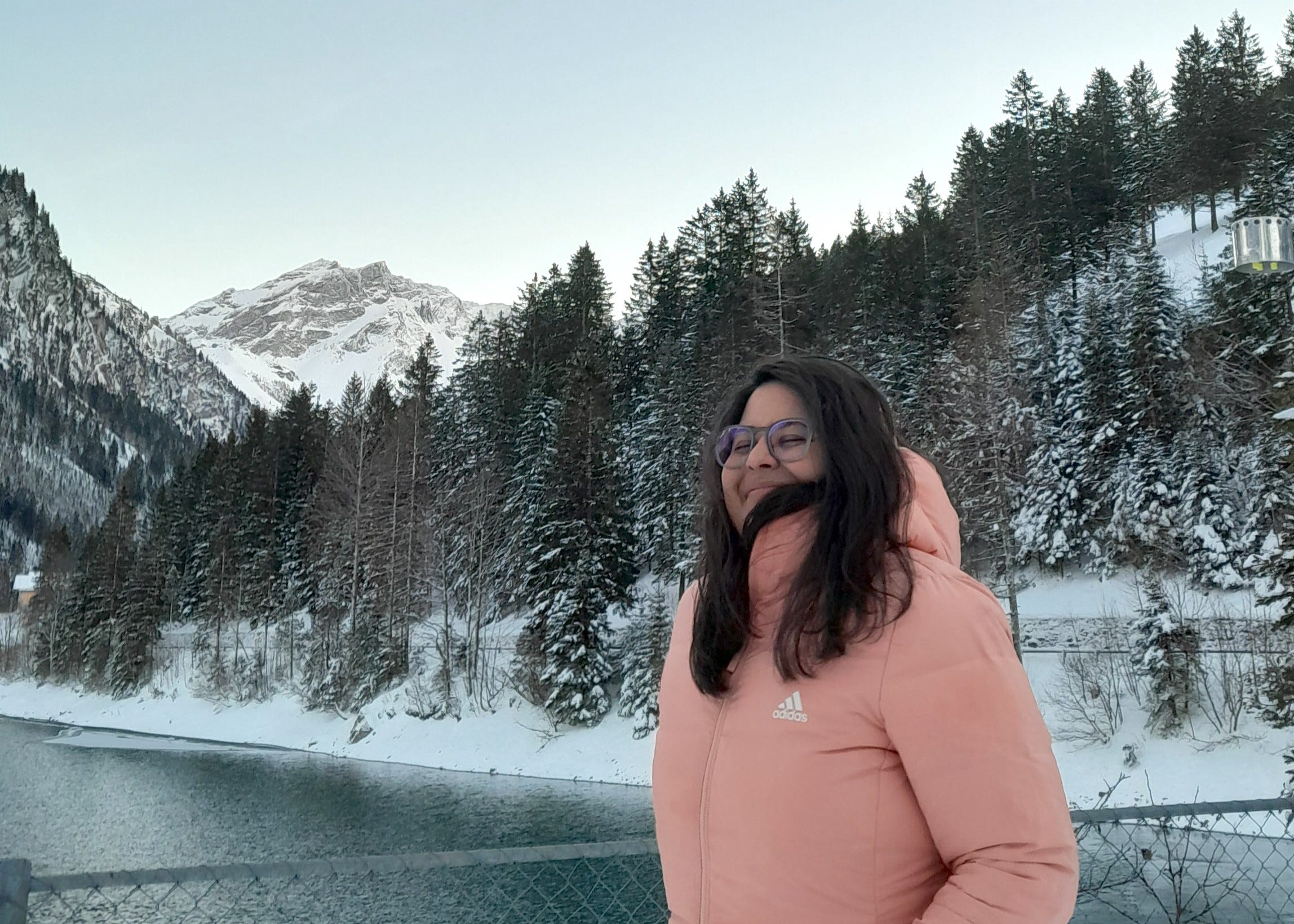 The author's sister poses next to Lake Stausee Steg.