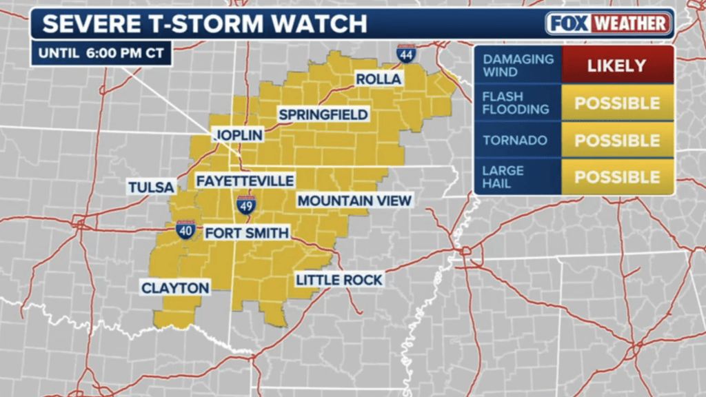 Severe thunderstorm watches stretched east across the lower Mississippi Valley, Fox Weather reported.