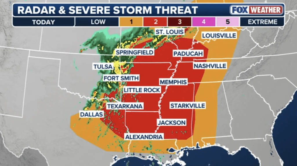 The storm systems are said to be capable of producing large hail, damaging winds and possibly tornadoes well into Saturday evening.