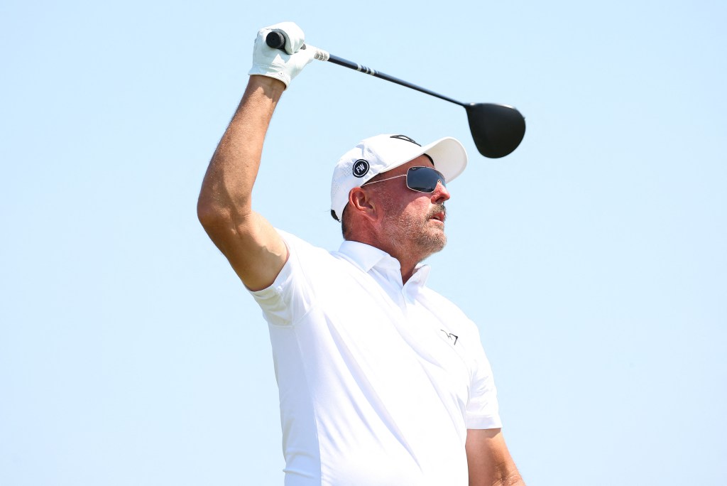 Phil Mickelson looks on at his tee shot during the second round of the LIV Golf Chicago tournament at Bolingbrook Golf Club on Aug. 9, 2025.