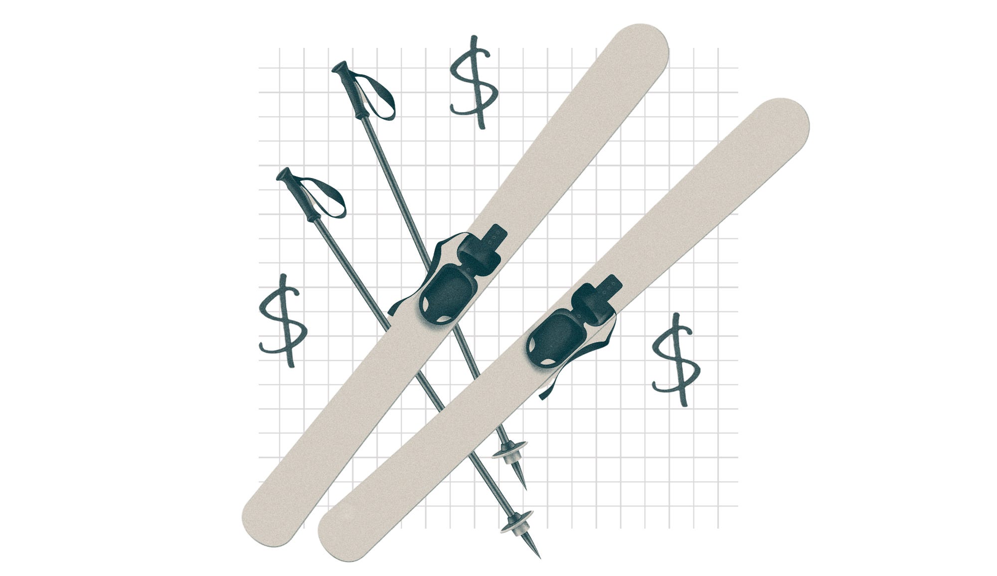 Skis surrounded by dollar signs.