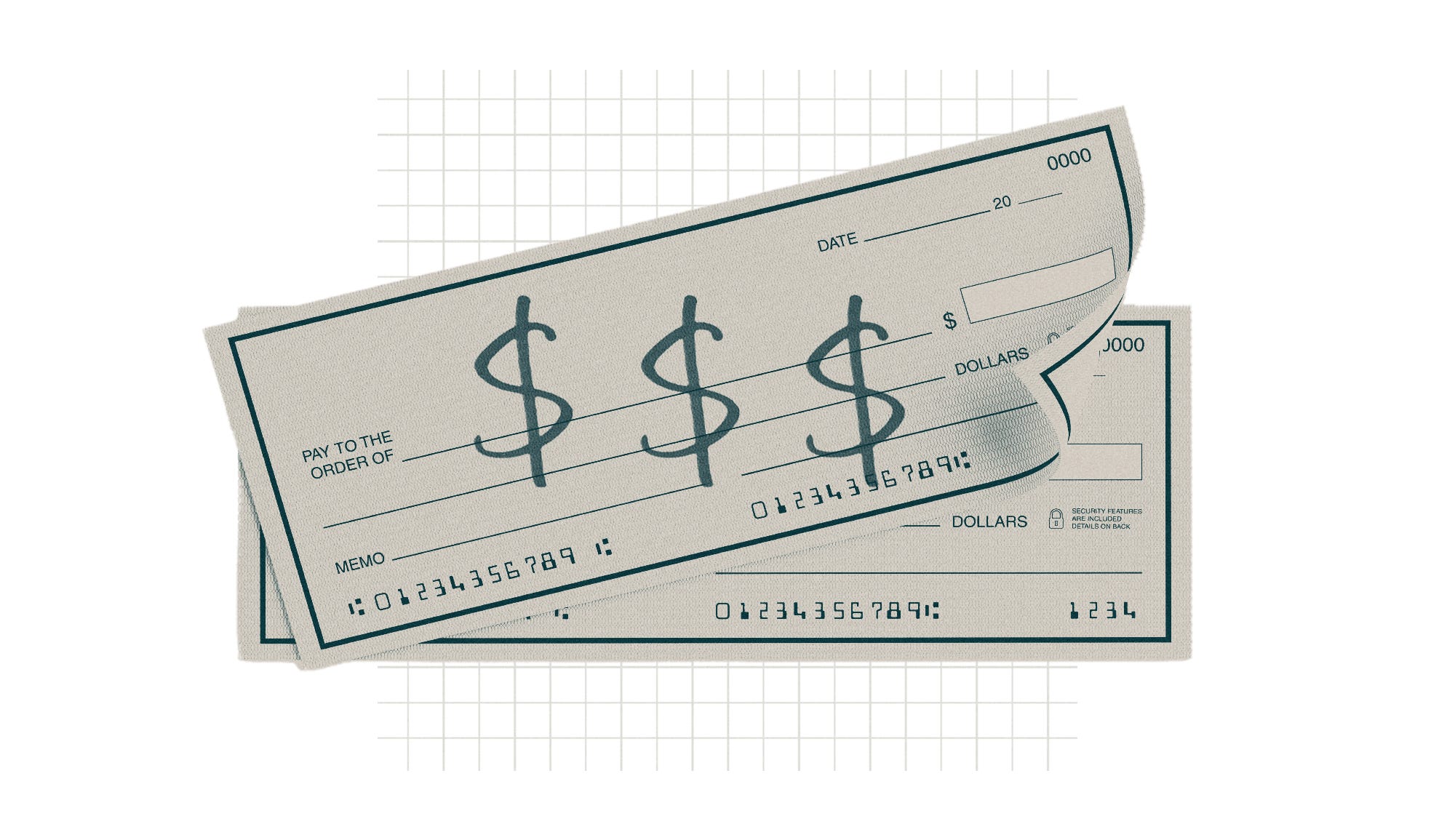 Pay check with dollar signs.