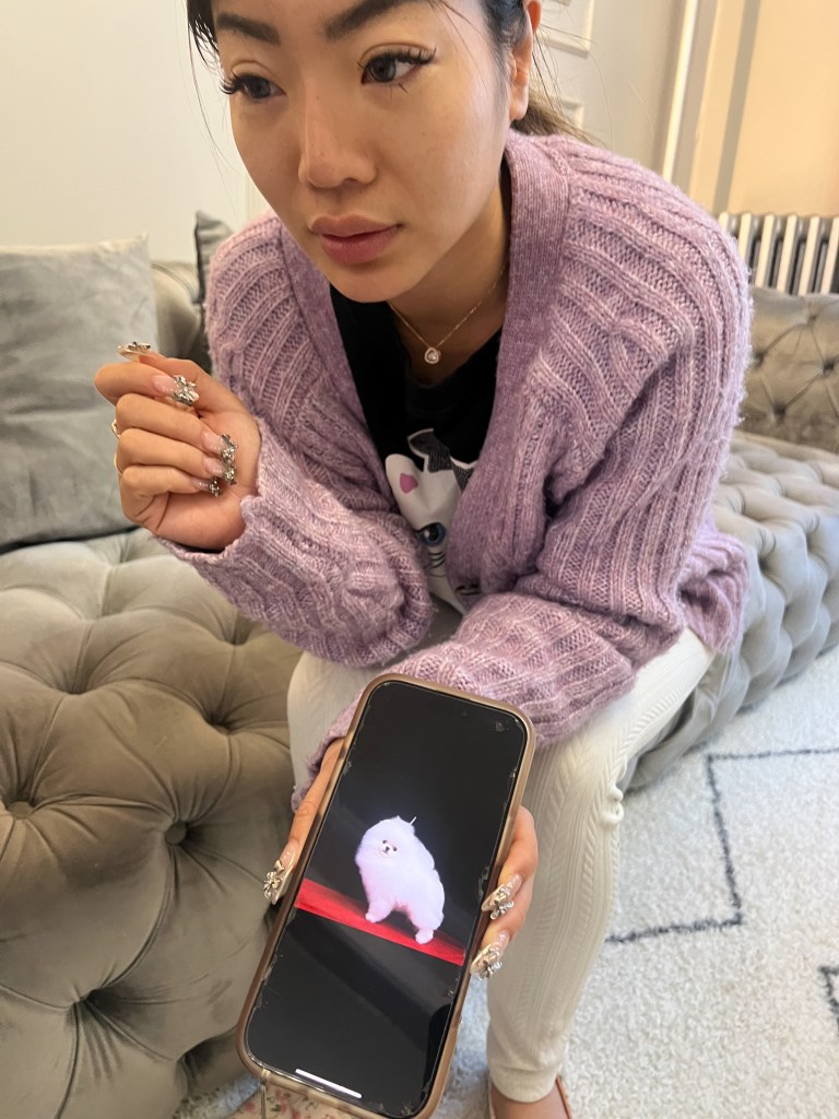 A woman in a purple sweater sitting on a couch, looking at a picture of a teacup puppy on her phone.