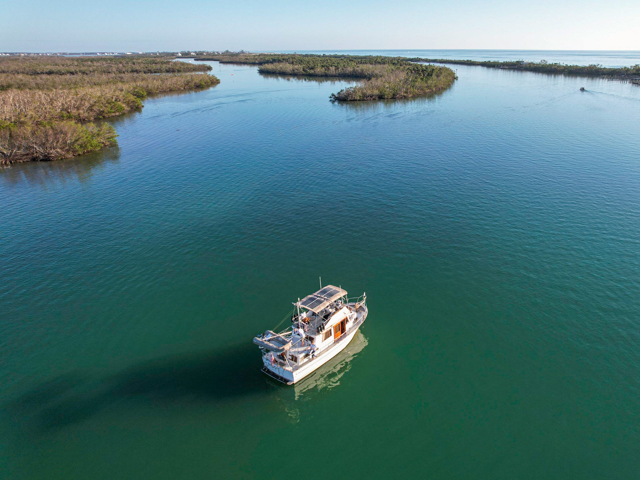 An aerial view of a boat.