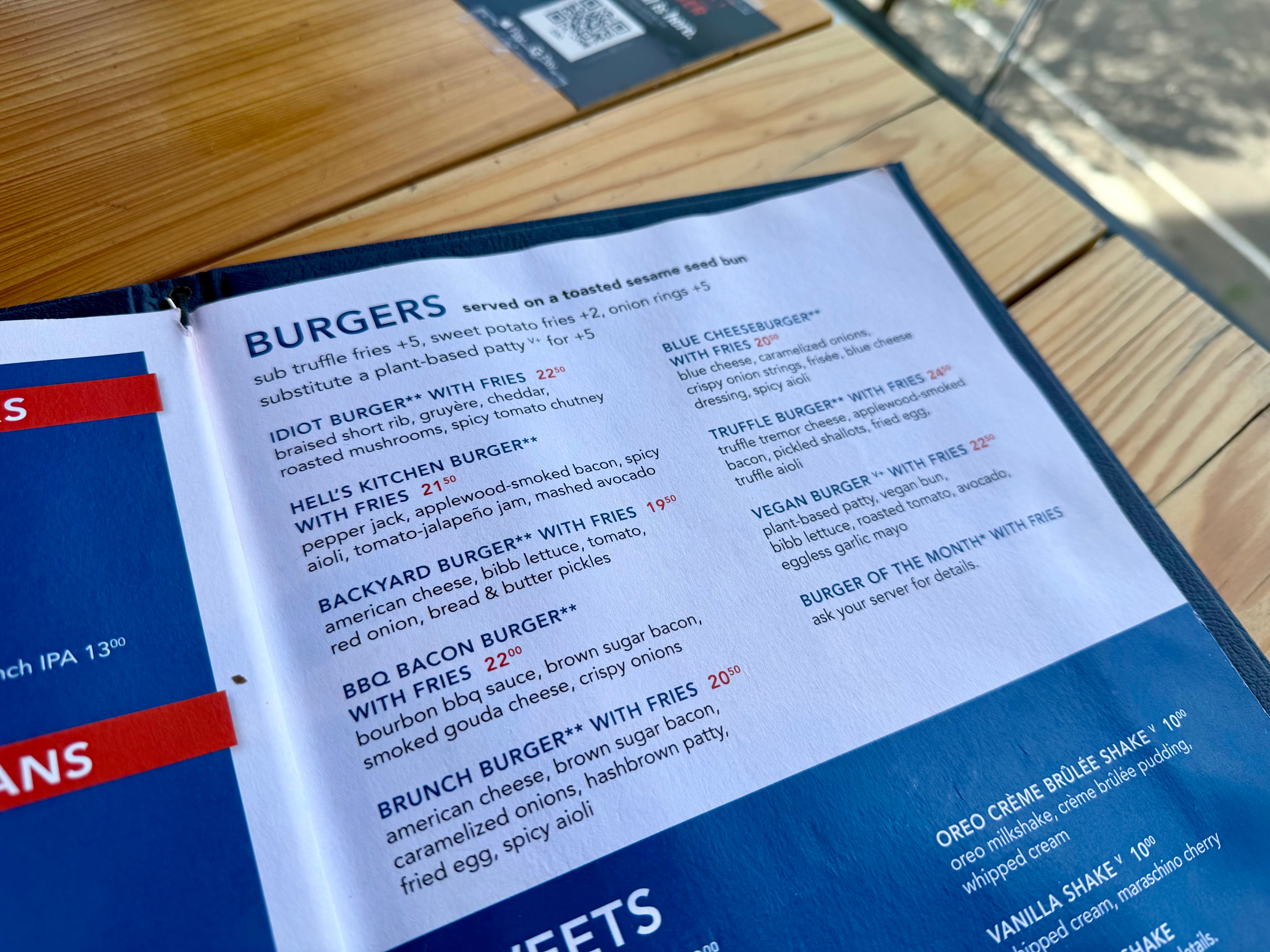 The menu at Gordon Ramsay Burger.
