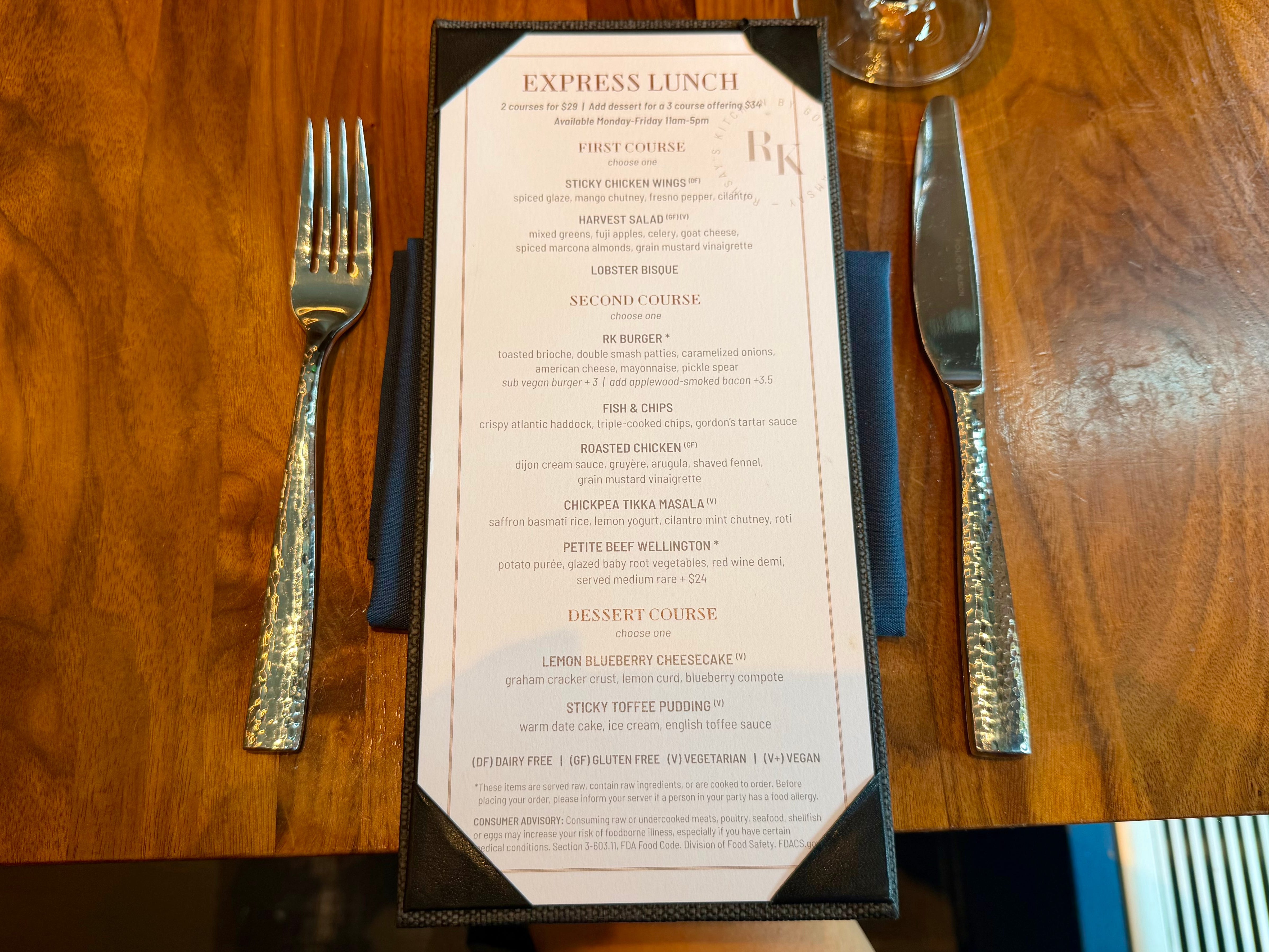 The lunch menu at Ramsay's Kitchen.