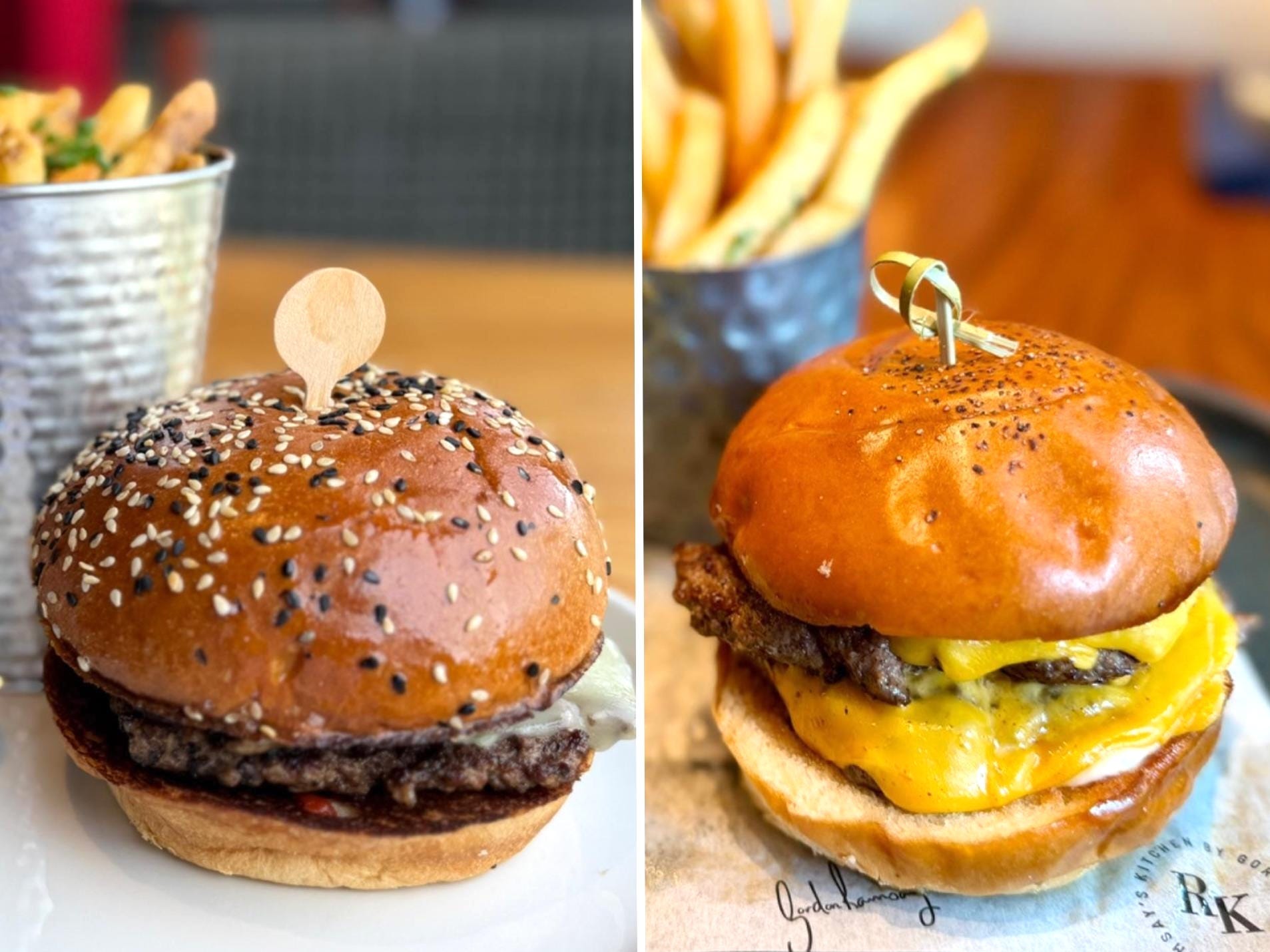 A burger from Gordon Ramsay Burger next to a burger from Ramsay's Kitchen.