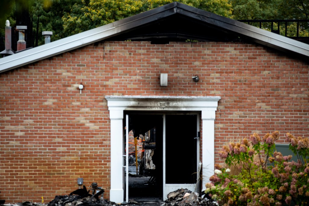 The charred remains of the Church of Jesus Christ of Latter-day Saints in Grand Blanc, Michigan.