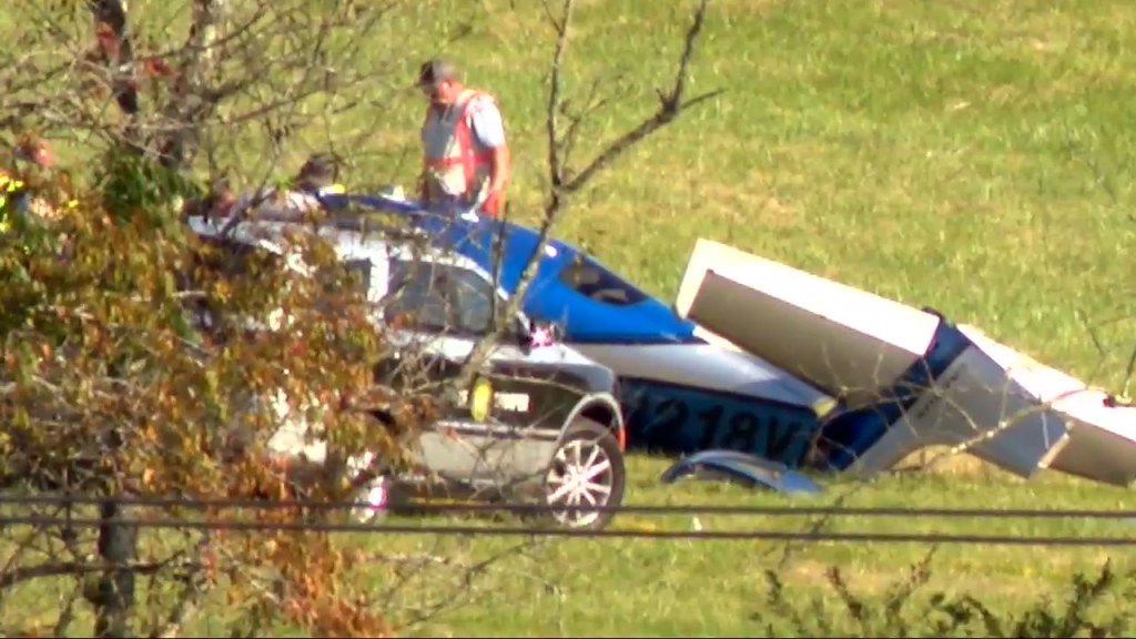 A small blue and white plane crashed in a grassy field next to a black car, with a man in a safety vest standing nearby.