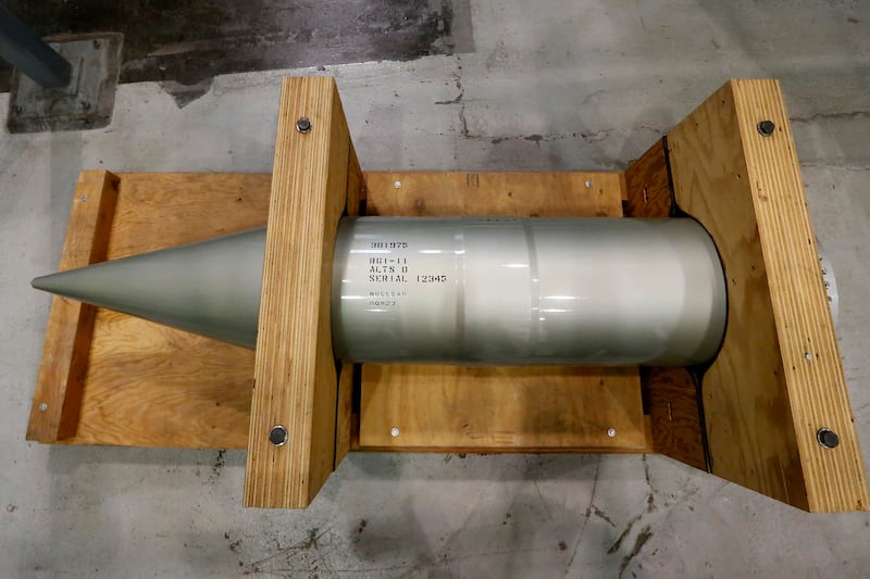 OAK RIDGE, TENNESSEE, MONDAY, JULY 21, 2014 - The forward section of the B61 nuclear bomb on display as a museum piece at the Y-12 National Security Complex. (Photo by Robert Gauthier/Los Angeles Times via Getty Images)
