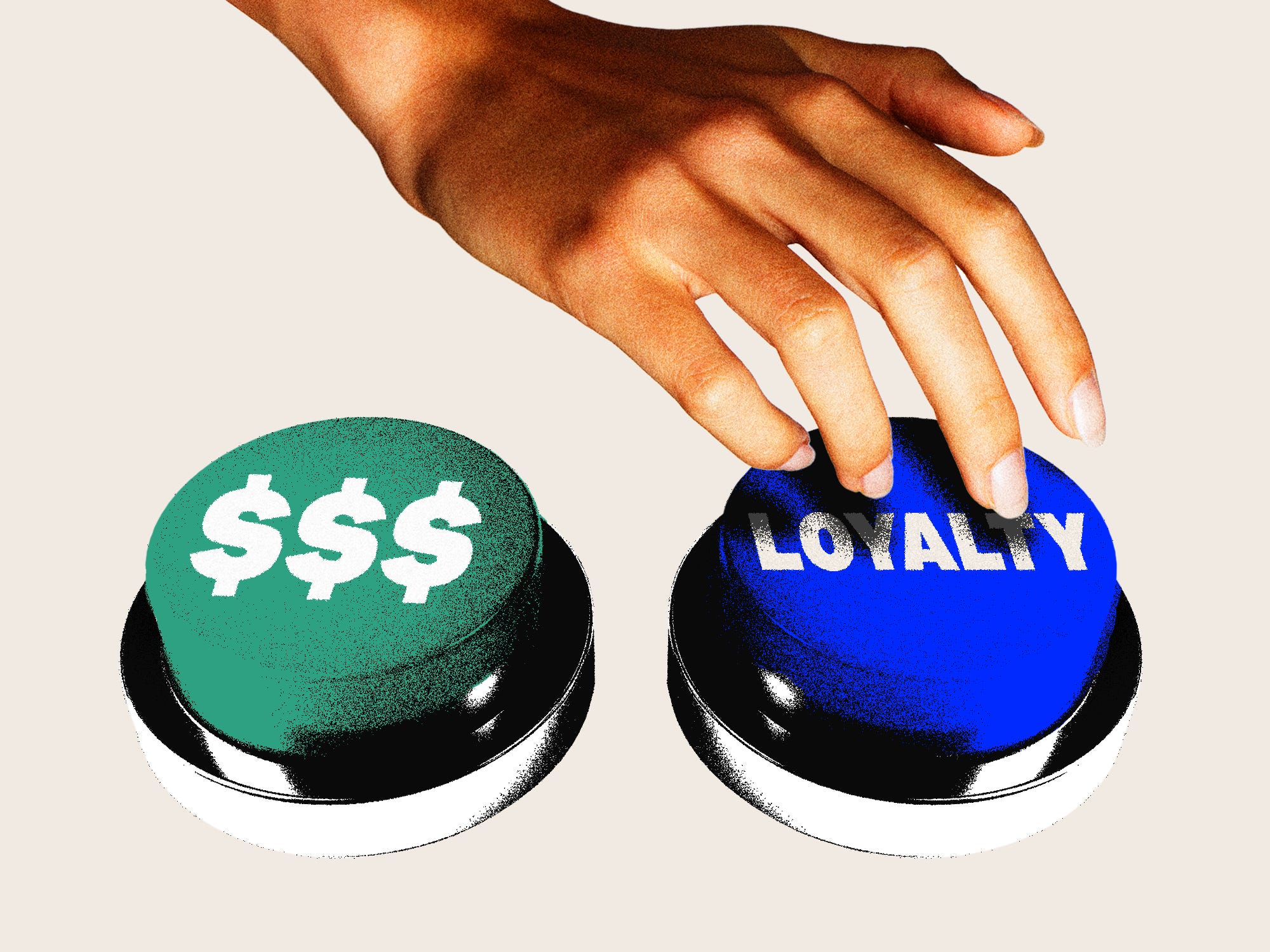 A woman's hand reaching for a button labeled