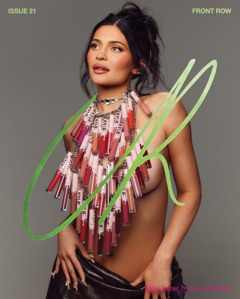 Kylie Jenner wearing a top made of Kylie Cosmetics liquid lipsticks.