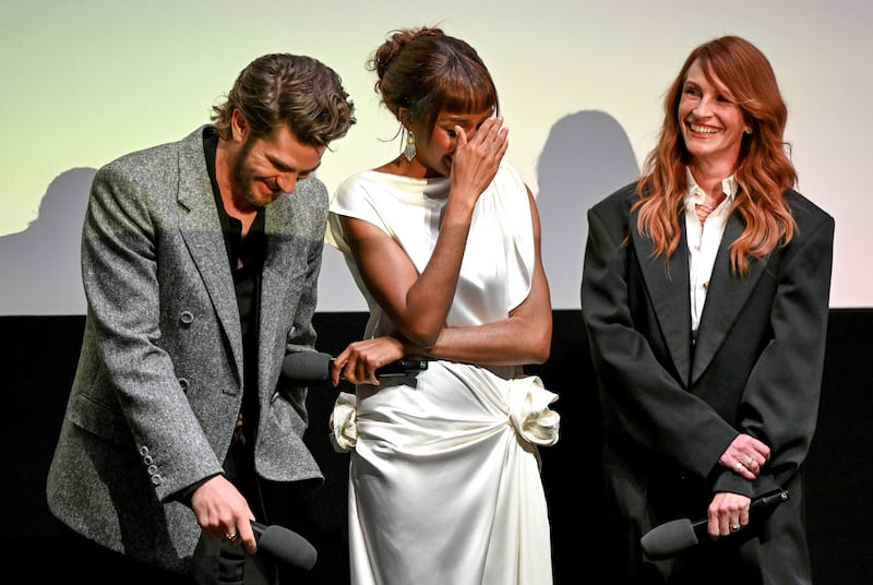 Andrew Garfield, Julia Roberts and Ayo Edebiri attend the premiere of "After The Hunt" during the BFI London Film Festival at Royal Festival Hall on October 11, 2025