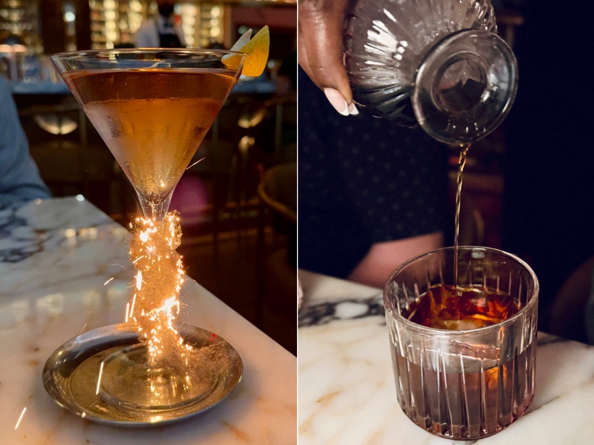 Composite of sparkling cocktail called The Alchemy on the left next to image of someone pouring brown liquid into glass