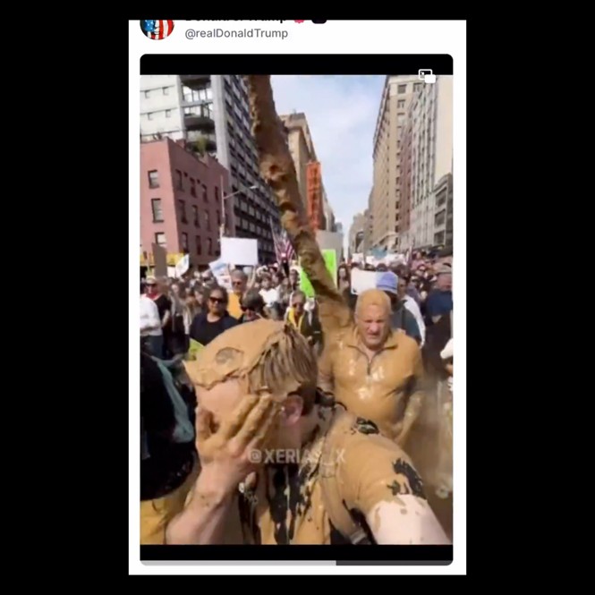 Screenshot from AI-generated video of feces splattering on anti-Trump protesters posted on X by Donald Trump