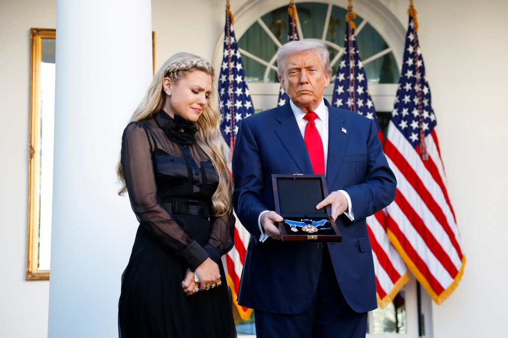 President Trump posthumously awarded Kirk the Presidential Medal of Freedom at a White House ceremony with the Turning Point USA founder's wife Erika on Oct. 14, 2025.
