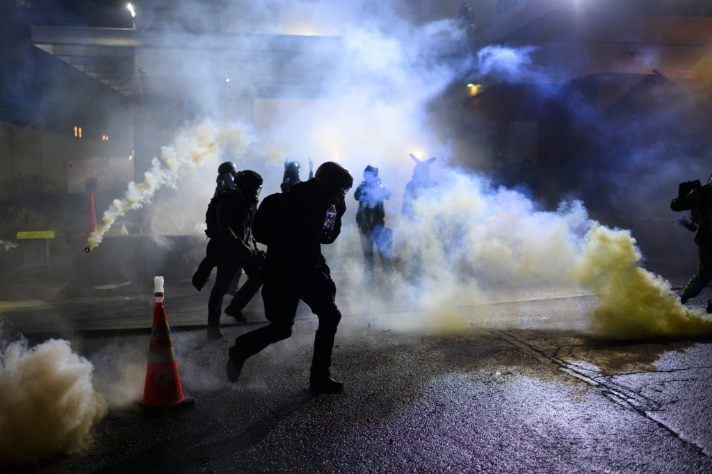 Anti-ICE protesters clash with federal agents amidst smoke and chemical agents.