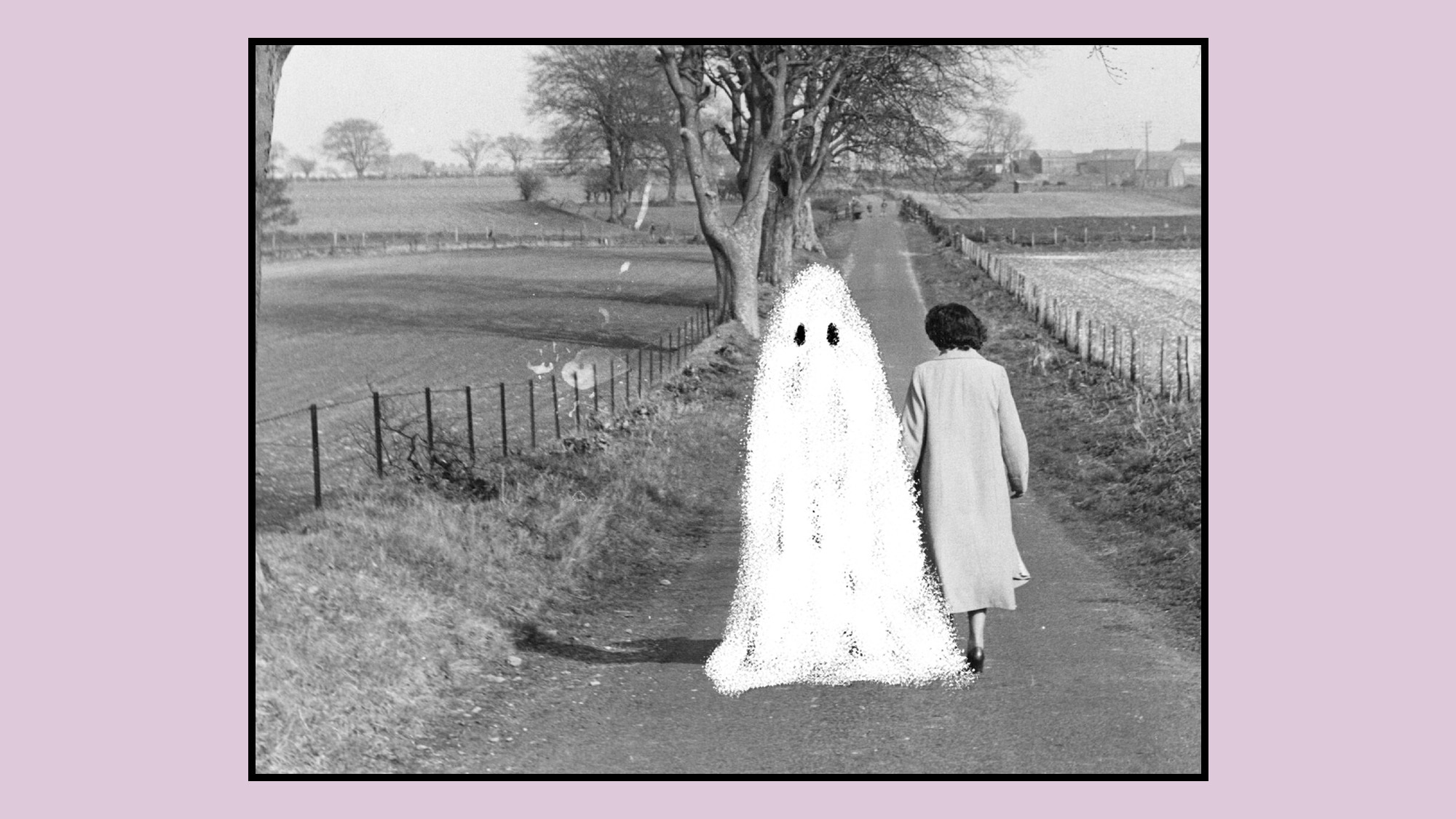 Ghost next to a woman as she walks down a country road