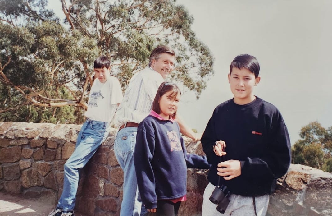 A family posing for photos in Victoria, Australia.