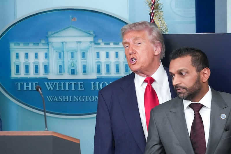 FBI Director Kash Patel (R) attends a press conference with U.S. President Donald Trump in the James S. Brady Press Briefing Room of the White House August 11, 2025 in Washington, DC.