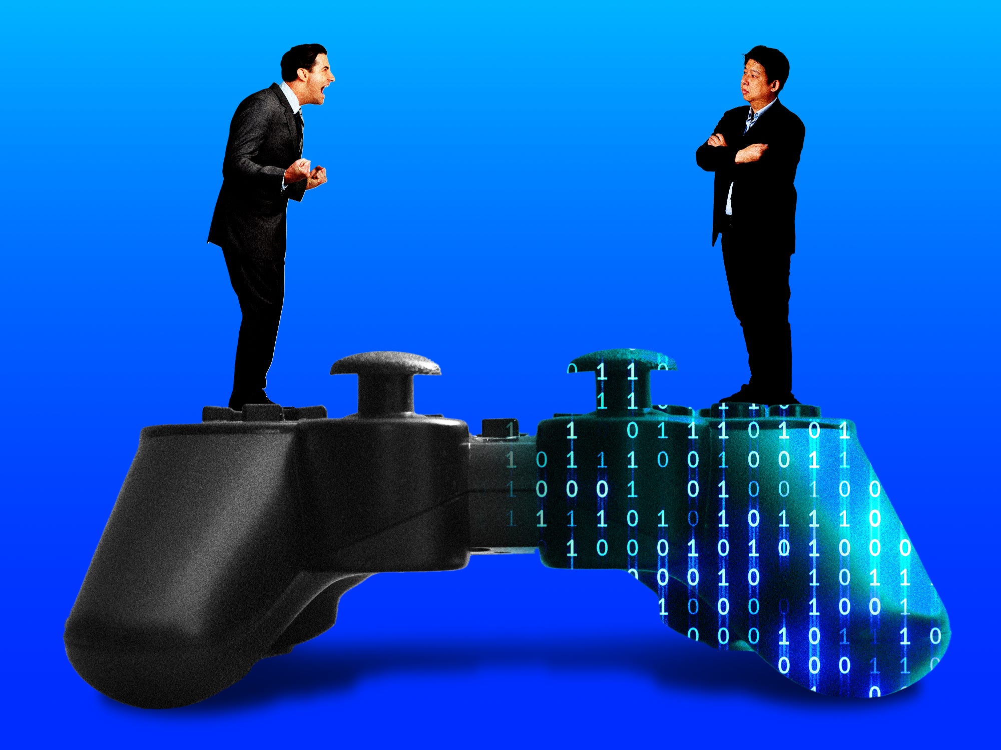 An employee screaming at his employer while both stand on the opposit ends of a video game controller
