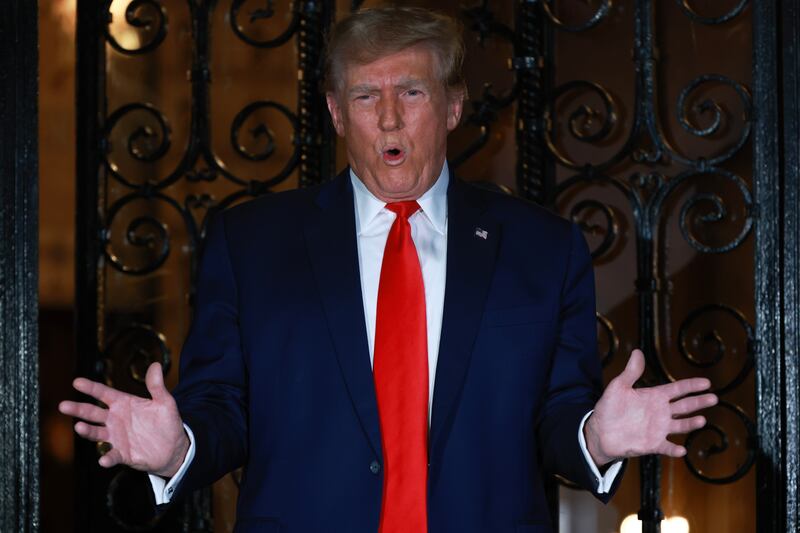 Donald Trump speaks to the press at Mar-a-Lago on February 16, 2024, in West Palm Beach, Florida.