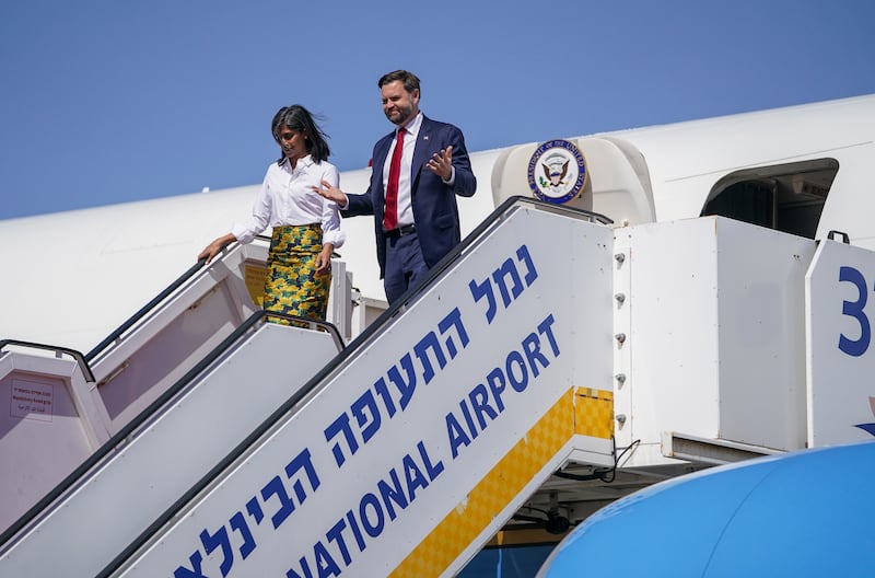 Vice President J.D. Vance and Second Lady Usha Vance disembark Air Force Two on arrival to Ben Gurion airport on October 21, 2025 in Tel Aviv, Israel.