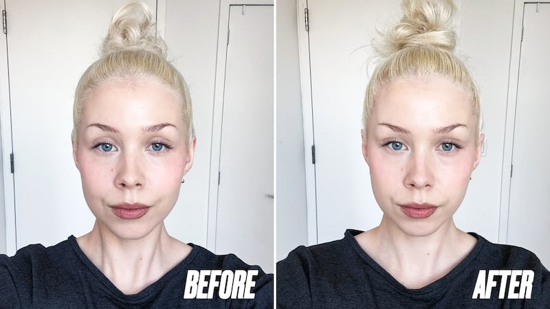 Roosa Rahkonen shows her hair bun before and after