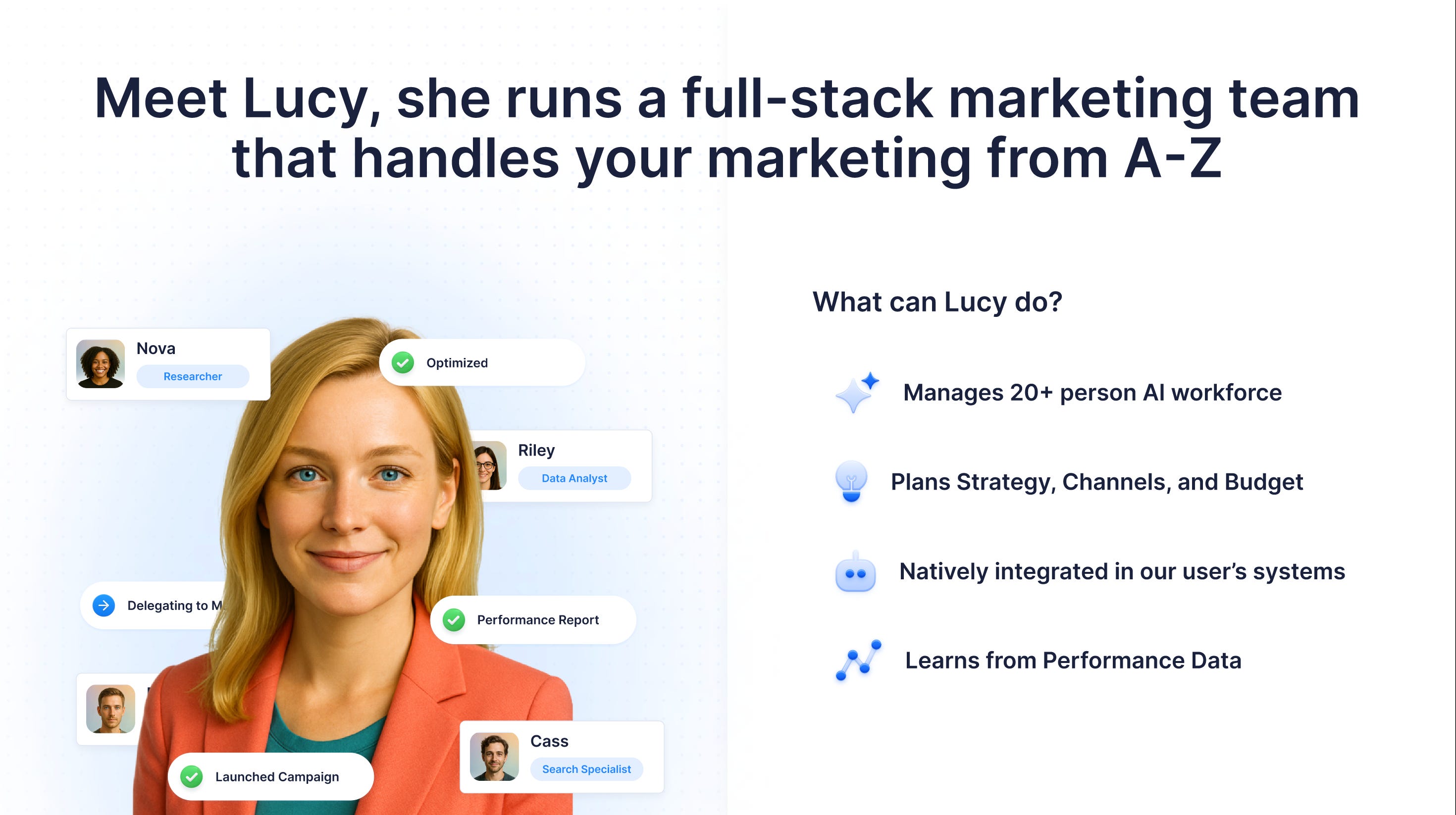 Meet Lucy, she runs a full-stack marketing team that handles your marketing from A—Z
What can Lucy do?
Manages 20+ person AI workforce
Plans Strategy, Channels, and Budget
Natively integrated in our user's systems
Learns from Performance Data
Labels around Lucy:
Nova — Researcher —