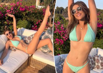 Elizabeth Hurley, 60, shares her ‘secret to flattering bikini pics’ while posing in mint green swimsuit