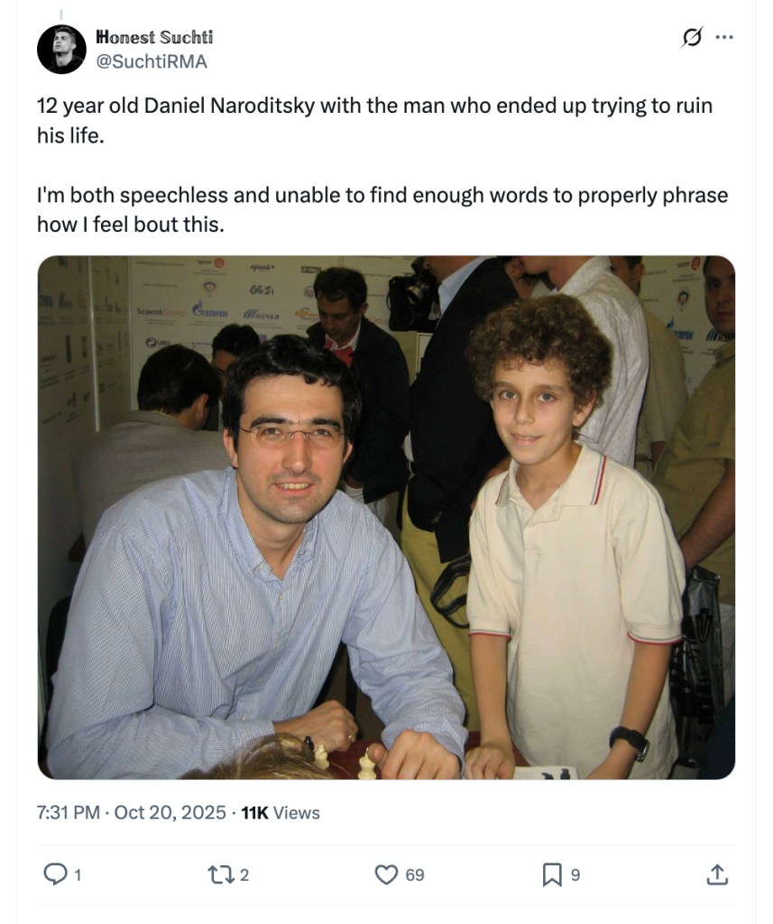 Screenshot of a social media post showing David Naroditsky as a boy with Vladimir Kramnik that describes Kramnik as having destroyed Naroditsky's life.