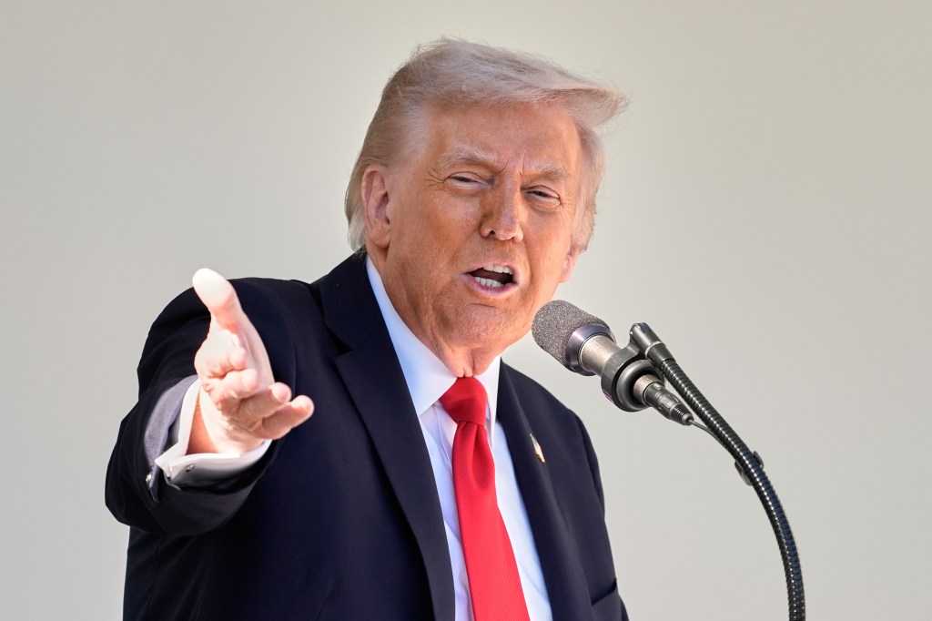 President Donald Trump speaks at a lunch with Republican Senators.